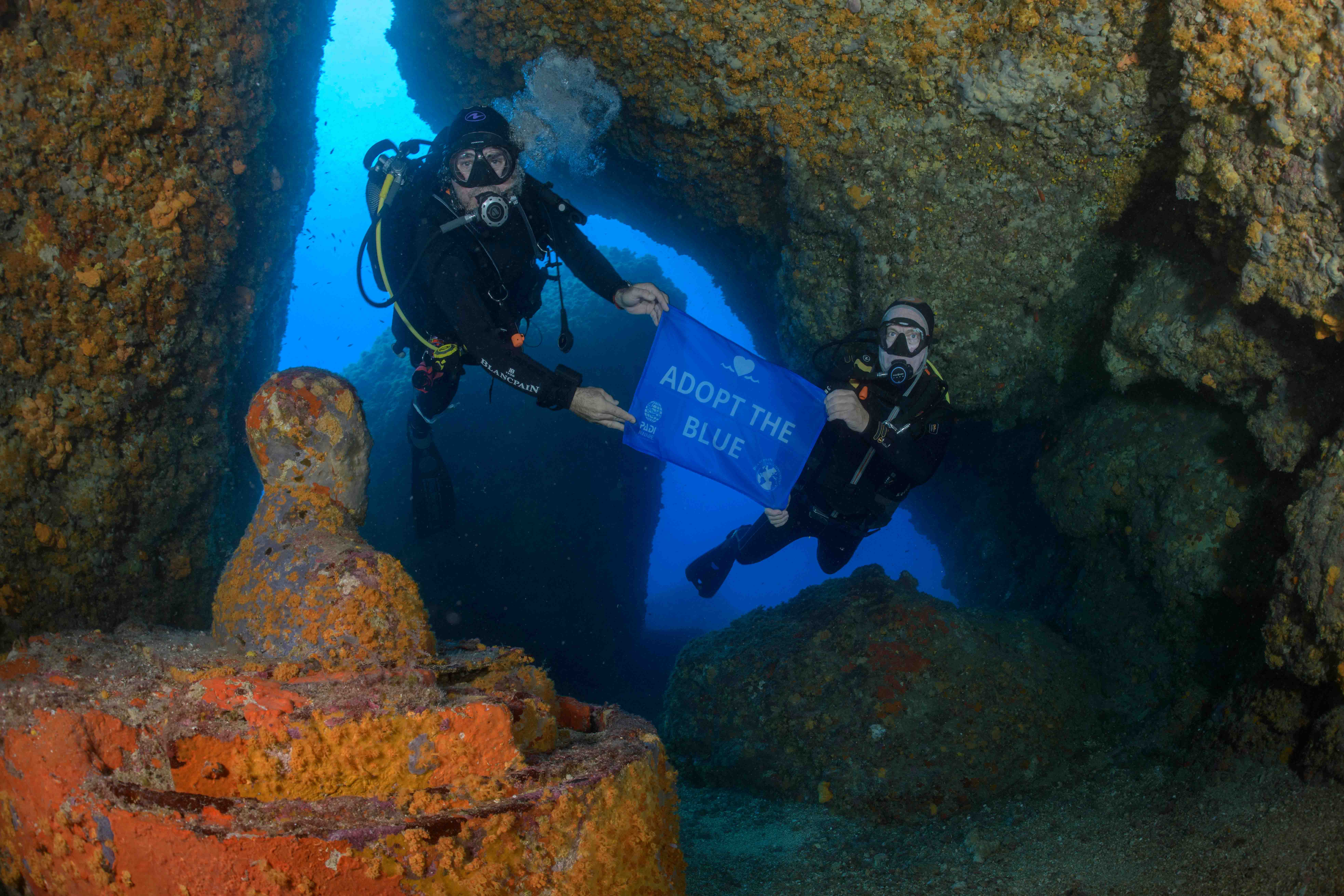 Divers holding a blue Adopt the Blue flag in the ocean.