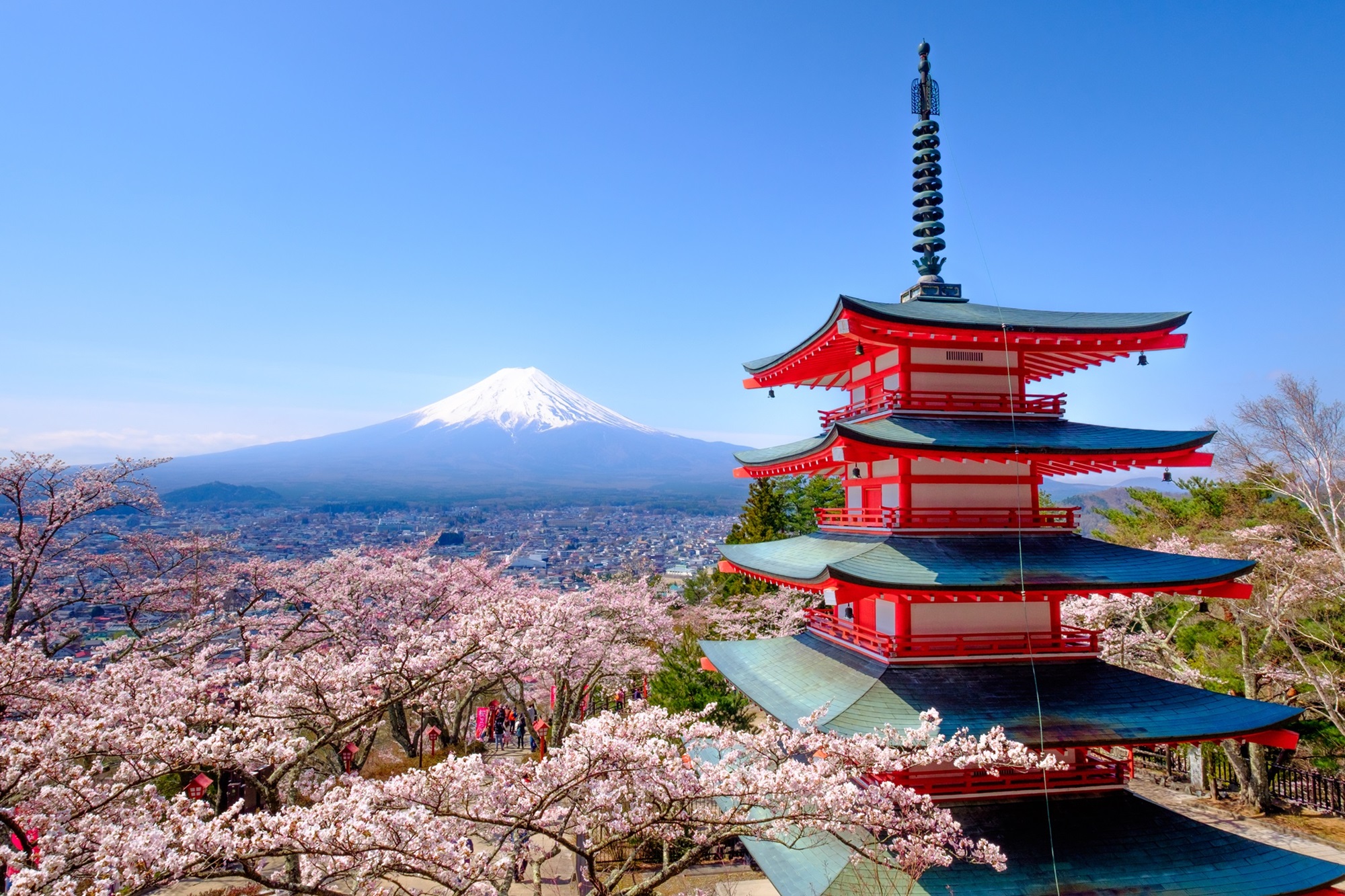 Mount Fuji in autumn behind a red pagoda in Fujiyoshida, Japan