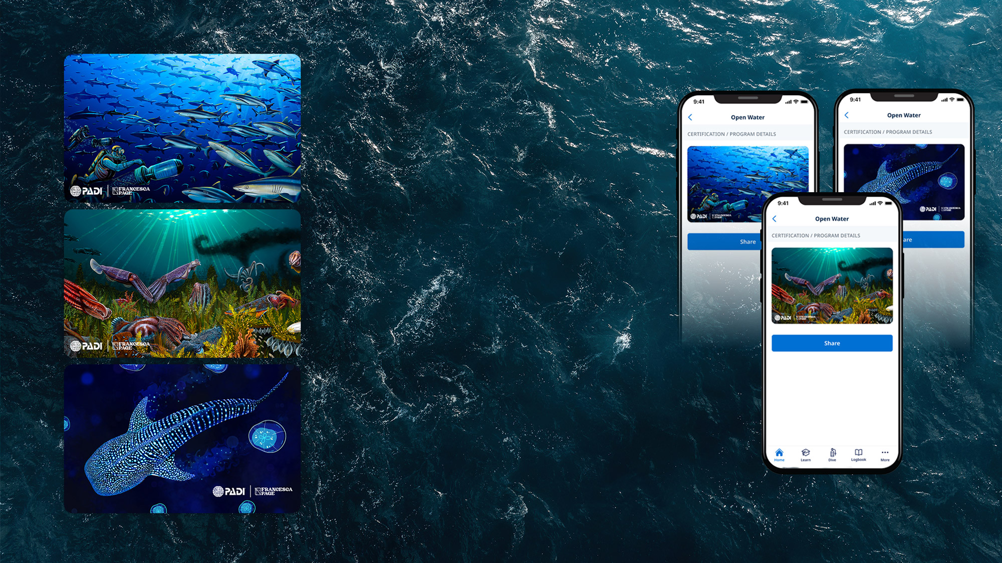 Three digital PADI scuba diving certification cards displayed on mobile phone screens against an ocean water background.