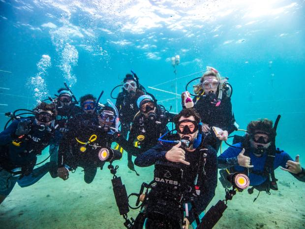 Group of divers taking a photo in the ocean