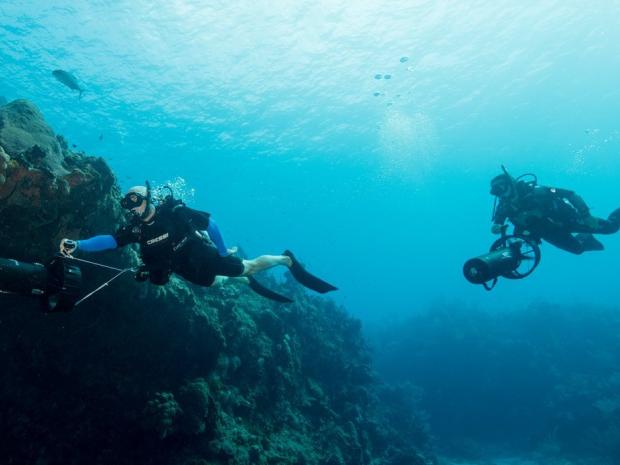 Two divers using a diver propulsion vehicle underwater.