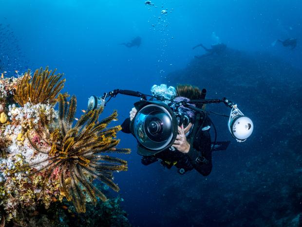 A diver taking photos while underwater.